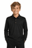 A black long-sleeve polo shirt for kids, featuring a collar and buttons, with a model smiling.