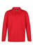 A red long-sleeve polo shirt with a collar and three buttons, featuring a logo on the front.