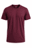 A maroon T-shirt with short sleeves and a round neckline, featuring a logo on the inside label.