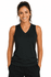 A black sleeveless singlet featuring a v-neck design, worn by a smiling woman with long hair.
