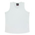 A white singlet featuring a V-neck design and a logo at the neckline.