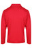 A red long-sleeve polo shirt with a collar, featuring a plain design and a branding logo on the side.