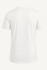 A plain white T-shirt featuring a round neck and short sleeves, with a branding logo on the back.