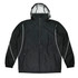 A black jacket with a hood and reflective detailing, featuring two side pockets and an adjustable drawstring hem.