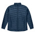 A navy blue puffer jacket featuring a high neck, zip front, and side pockets, with branding on the chest.