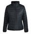 A black quilted women's jacket with a zip front and high collar, featuring two side pockets and a logo.