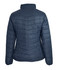 A navy blue insulated jacket featuring a quilted design and a high collar. The back view highlights its fitted shape.