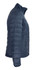 A navy blue jacket with a puffer design, featuring a zip closure and side pockets. It has a logo on it.