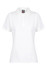 A white women's polo shirt with a collar and placket, featuring a branding logo.