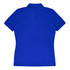 A blue women's polo shirt with a collar and short sleeves, featuring a logo on the back.