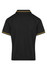 A black polo shirt with yellow accents and a collar, featuring a logo on the back.
