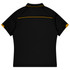 A black polo shirt featuring a yellow accent at the collar and sleeves, with a logo on the back.