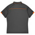 A grey polo shirt with orange accents and a logo on the back, part of a sports uniform collection.
