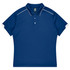 A navy blue polo shirt with a collared neck and contrasting white detailing on the sleeves. It features a logo.