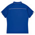 A blue polo shirt with short sleeves and a contrasting trim, featuring a logo on the back.