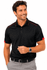 A black polo shirt with red accents, featuring short sleeves and a collar, modelled by a smiling man.