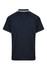 A navy polo shirt featuring a contrasting white trim and a logo on the back.
