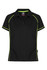 A black polo shirt with lime green trim, featuring short sleeves and a branded logo on the collar.