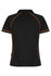 A black polo shirt with orange piping details and a logo on the back.