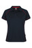 A navy polo shirt with red accents and a collar, featuring a logo on the chest.