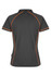 A dark grey polo shirt featuring orange accent stitching and a logo. Designed with a classic collar and short sleeves.