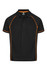 A black polo shirt featuring orange detailing and a collar. It includes a branding logo.
