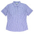 A short-sleeve button-up shirt in blue and white checkered pattern, featuring a classic collar and a fitted design.