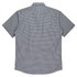 A short-sleeve button-up shirt in a checked pattern, featuring a classic collar and a logo. Dominant colours are blue and white.