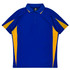 A blue polo shirt with yellow accents and a collar, featuring a branding logo. Perfect for kids.