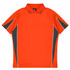 An orange polo shirt featuring grey panels and a branding logo. Ideal for casual wear or sports activities.
