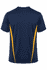 A navy blue men's t-shirt with yellow side accents, featuring a logo on the back.