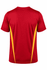 A red T-shirt featuring yellow side panels and a brand logo on the back.