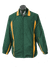 A green track jacket with yellow stripes, featuring a front zip and a collar. It has a logo on the chest area.