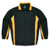 A green tracktop with yellow accents, featuring a zippered front and a collar. The item includes a logo.