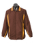 A brown track jacket with yellow stripes, featuring a zip front and a collar. It has a logo on the left side.