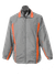 A grey track jacket with orange accents, featuring a zip front and a sporty design. It has a logo on the chest.