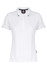 A white polo shirt with short sleeves and a collar, featuring a logo on the chest.
