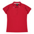 A red polo shirt with short sleeves and a collar, featuring a branded label and contrasting stripes.