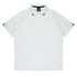 A white polo shirt featuring a classic collar and contrasting black stripes on the sleeves, with a logo on the chest.