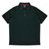 A dark green polo shirt with a button-up collar and red accent details. It features a logo on the breast.