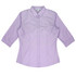 A lavender button-up shirt with three-quarter sleeves and a collar, featuring a logo.