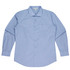 A long-sleeve button-up shirt in light blue with a chest pocket and a logo tag.