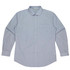 A long sleeve button-up shirt in blue and white vertical stripes, featuring a chest pocket and a logo.
