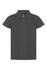 A dark grey polo shirt with a collar and three-button placket, featuring a logo on the chest.