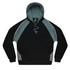 A black and grey hoodie with a front pocket and a drawstring hood, featuring a logo.