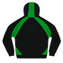 A black hoodie with green accents and a hood, featuring a logo on the back.