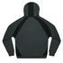 A dark green hoodie featuring a design with contrasting black panels and a hood. The back view highlights the fabric details.