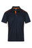 A navy blue polo shirt featuring orange accents and a collar. The shirt has a logo on it.