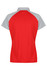 A red and grey polo shirt featuring a sporty design and a branding logo on the back.