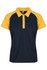 A navy and yellow polo shirt with a collared neckline and short sleeves. It features a logo.